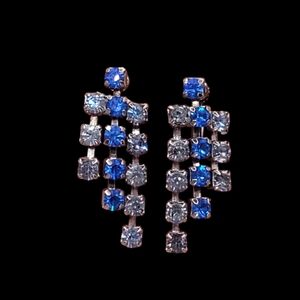 Vtg Art Deco Blue Glass Rhinestone Dangle Fringe Screwback Earrings Silver 1.5"